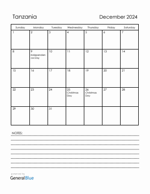 Current month calendar with Tanzania holidays for December 2024