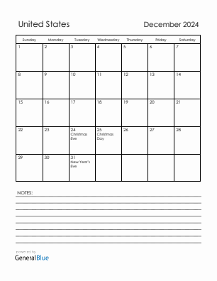 Current month calendar with United States holidays for December 2024