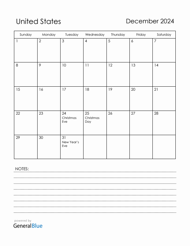 December 2024 United States Calendar with Holidays (Sunday Start)