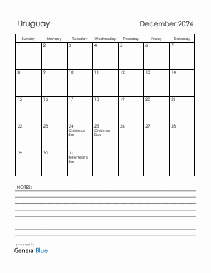 Current month calendar with Uruguay holidays for December 2024