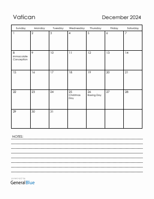 Current month calendar with Vatican holidays for December 2024