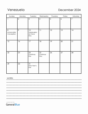 Current month calendar with Venezuela holidays for December 2024