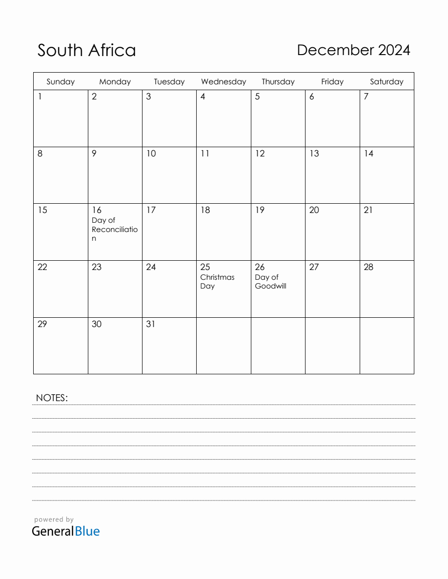 December 2024 South Africa Calendar with Holidays