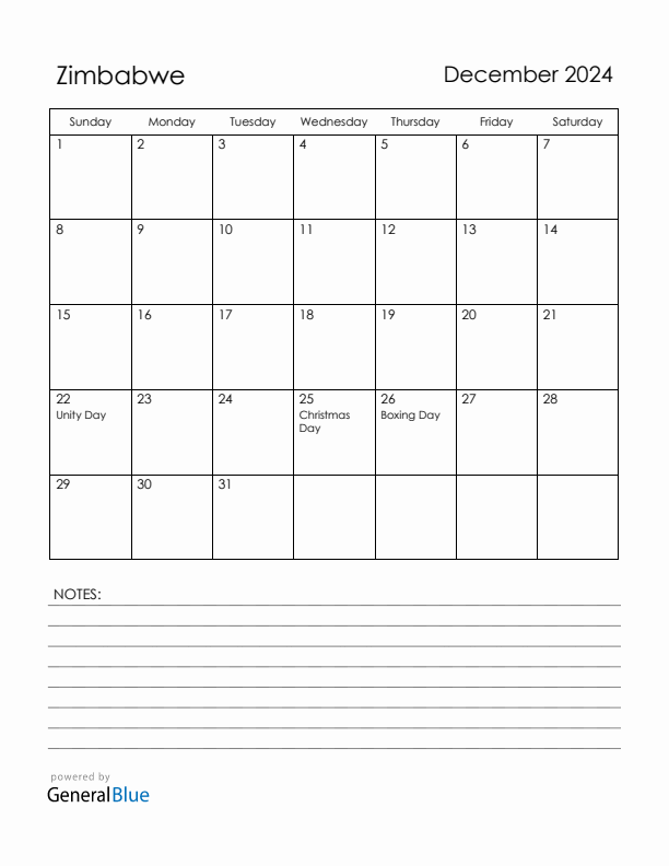December 2024 Zimbabwe Calendar with Holidays (Sunday Start)