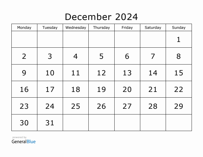 Printable December 2024 Calendar - Monday Start