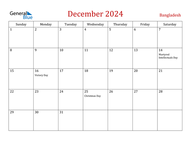 Bangladesh December 2024 Calendar