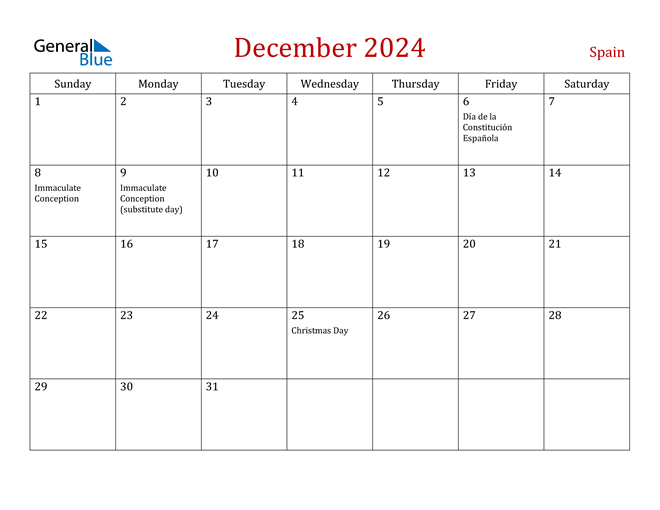 December 2024 Calendar with Spain Holidays