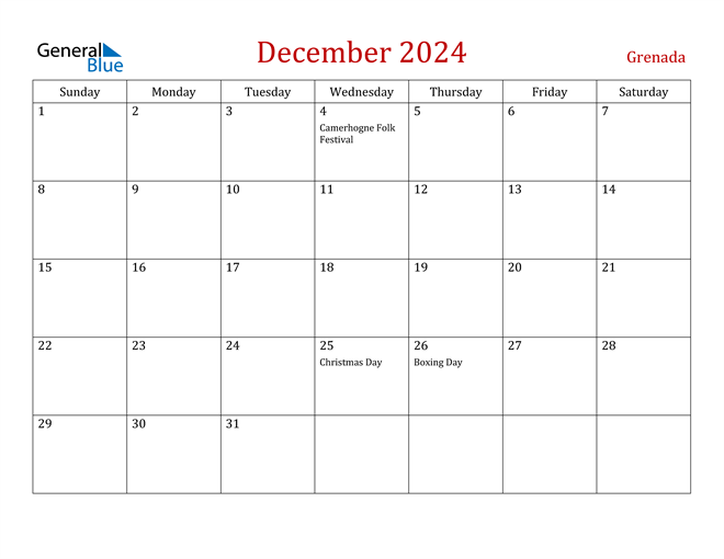 Grenada December 2024 Calendar
