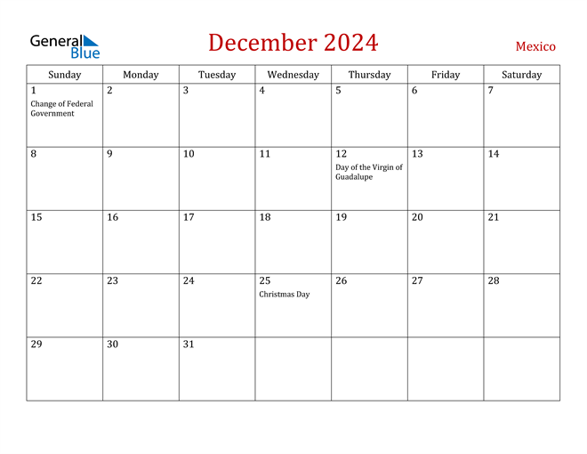 Mexico December 2024 Calendar