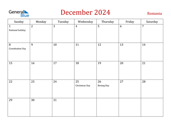 Romania December 2024 Calendar