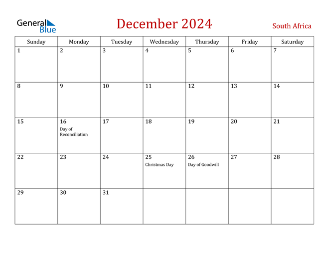 December 2024 Calendar with South Africa Holidays