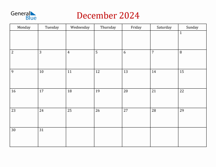 December 2024 Simple Calendar with Monday Start