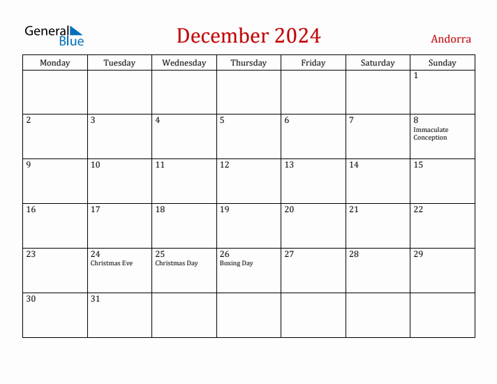 Andorra December 2024 Calendar - Monday Start