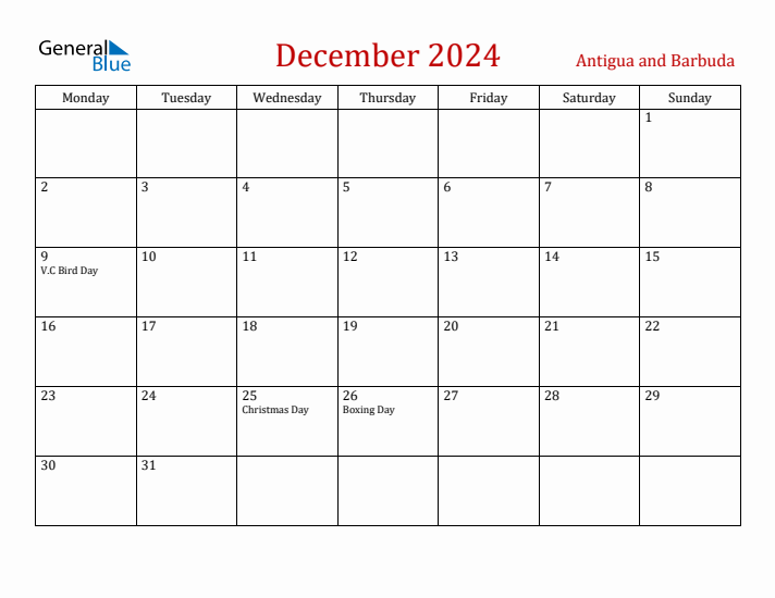 Antigua and Barbuda December 2024 Calendar - Monday Start