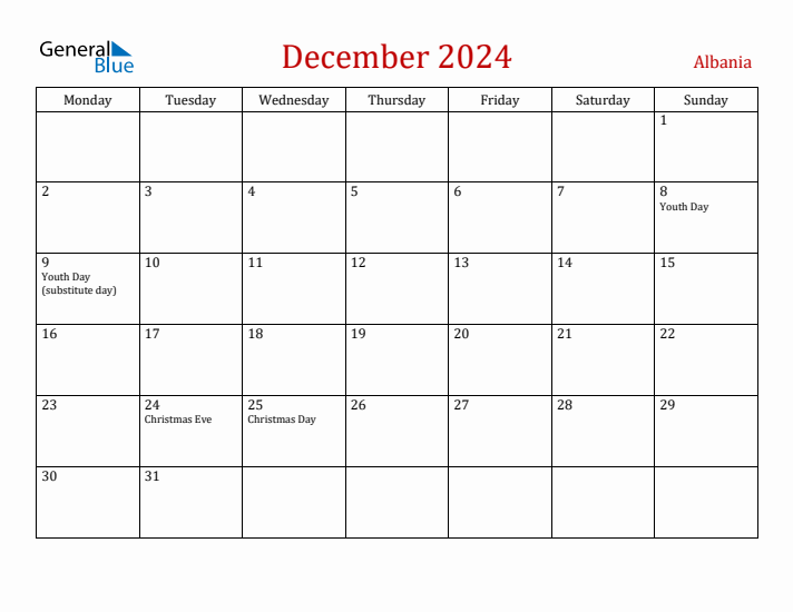 Albania December 2024 Calendar - Monday Start