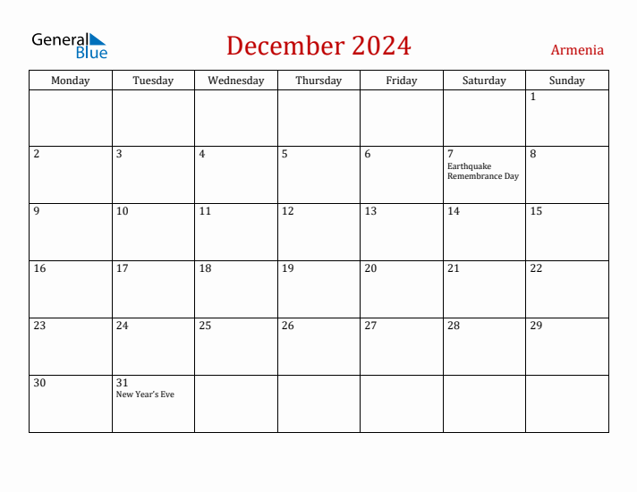 Armenia December 2024 Calendar - Monday Start
