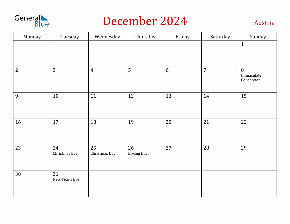 December 2024 Austria Monthly Calendar with Holidays