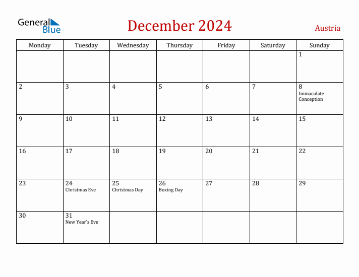 Austria December 2024 Calendar - Monday Start