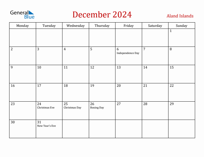 Aland Islands December 2024 Calendar - Monday Start