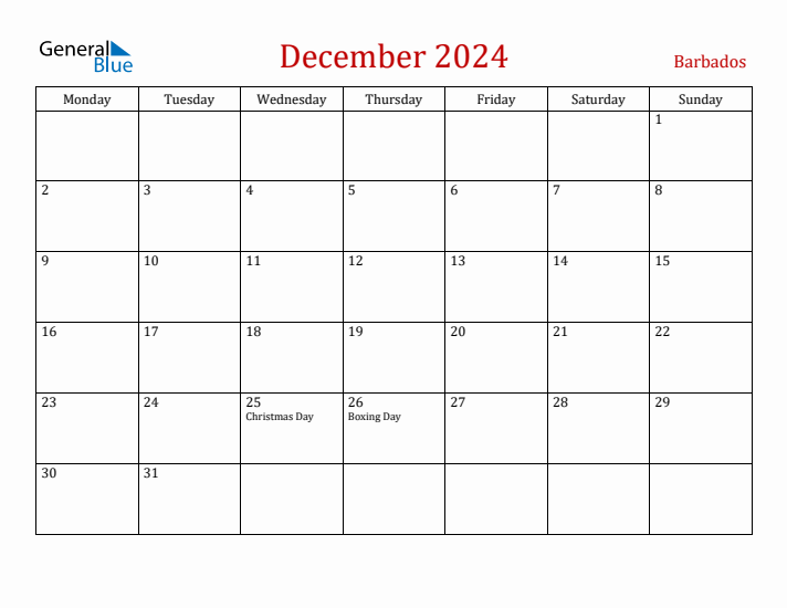 December 2024 Barbados Monthly Calendar with Holidays