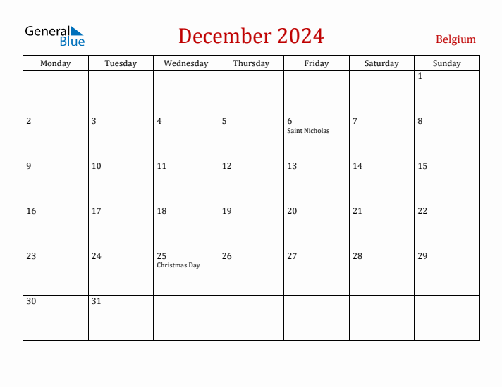 Belgium December 2024 Calendar - Monday Start