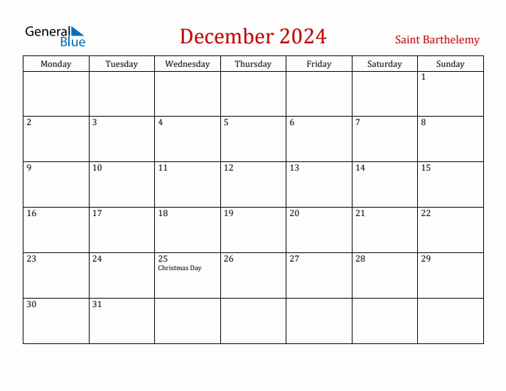 Saint Barthelemy December 2024 Calendar - Monday Start