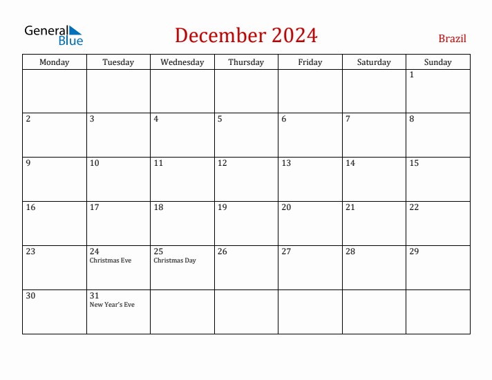 Brazil December 2024 Calendar - Monday Start