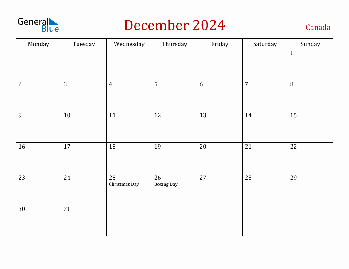 December 2024 Canada Monthly Calendar with Holidays
