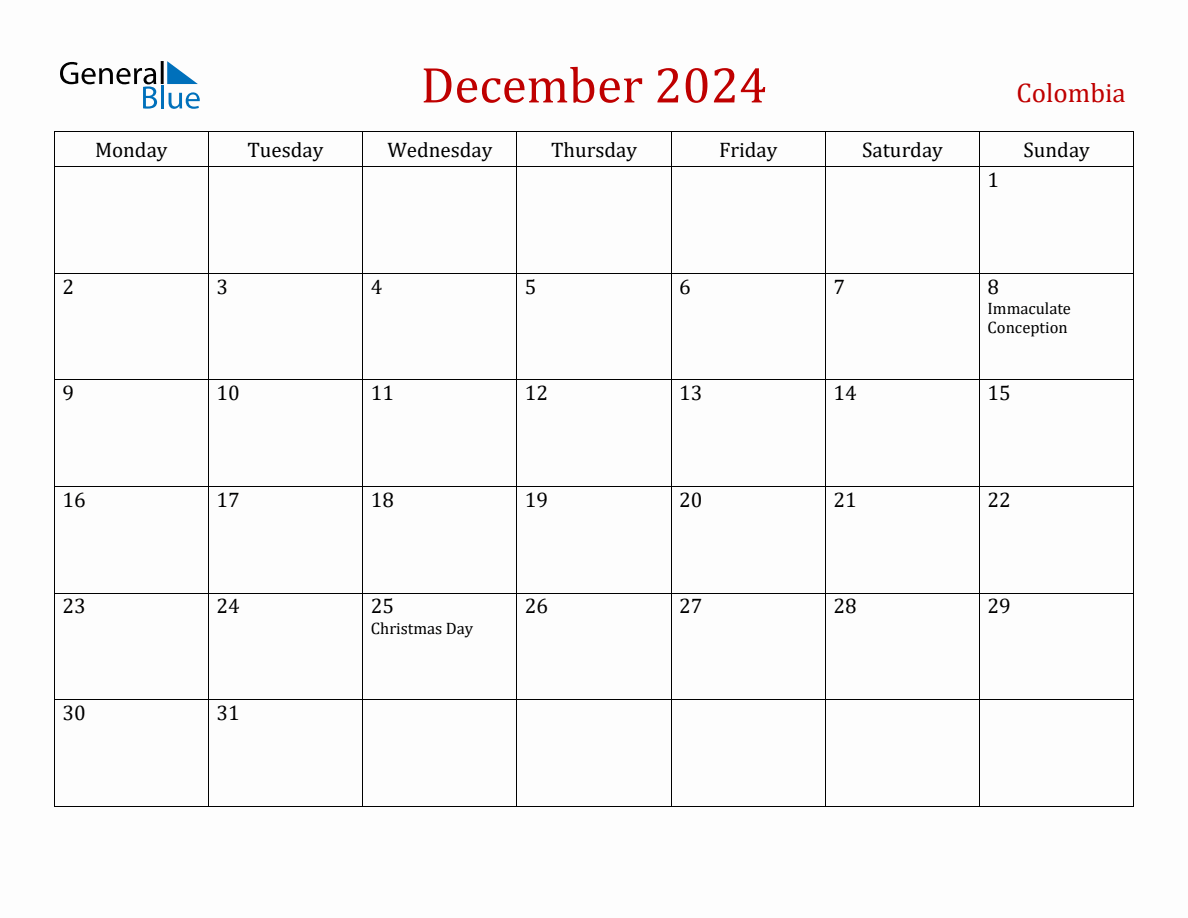 December 2024 Colombia Monthly Calendar with Holidays