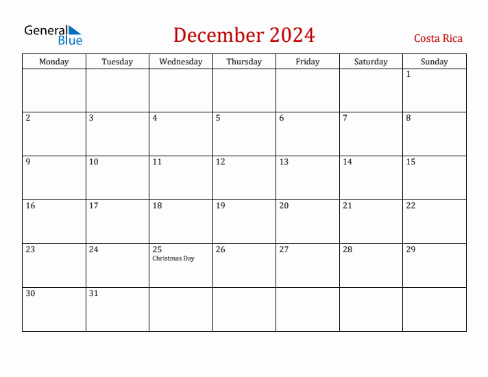 December 2024 Costa Rica Monthly Calendar with Holidays