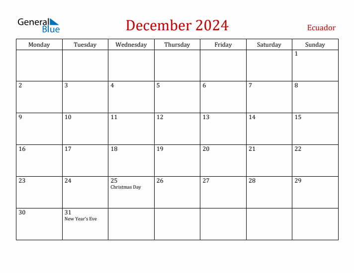 Ecuador December 2024 Calendar - Monday Start