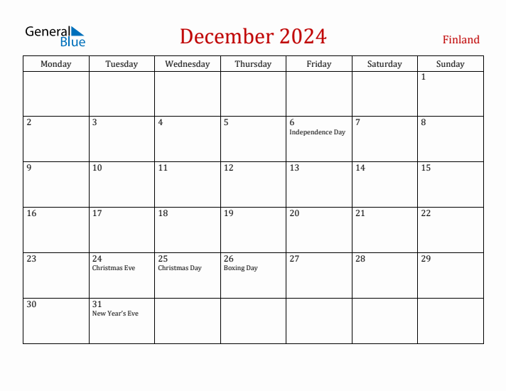 Finland December 2024 Calendar - Monday Start