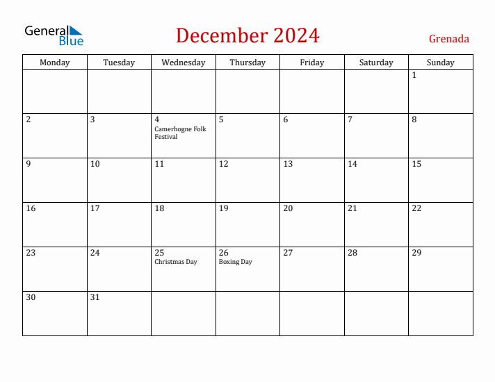 Grenada December 2024 Calendar - Monday Start