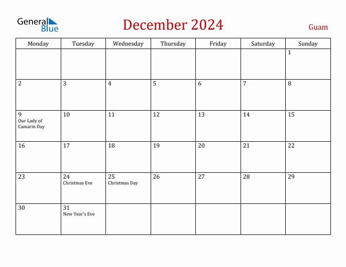 Guam December 2024 Calendar - Monday Start