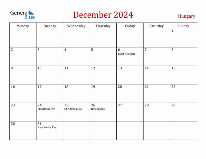 Hungary December 2024 Calendar - Monday Start