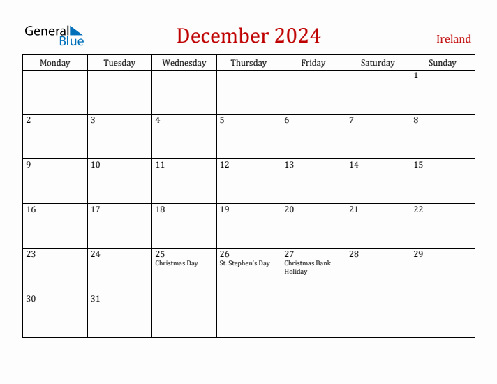 December 2024 Ireland Monthly Calendar with Holidays