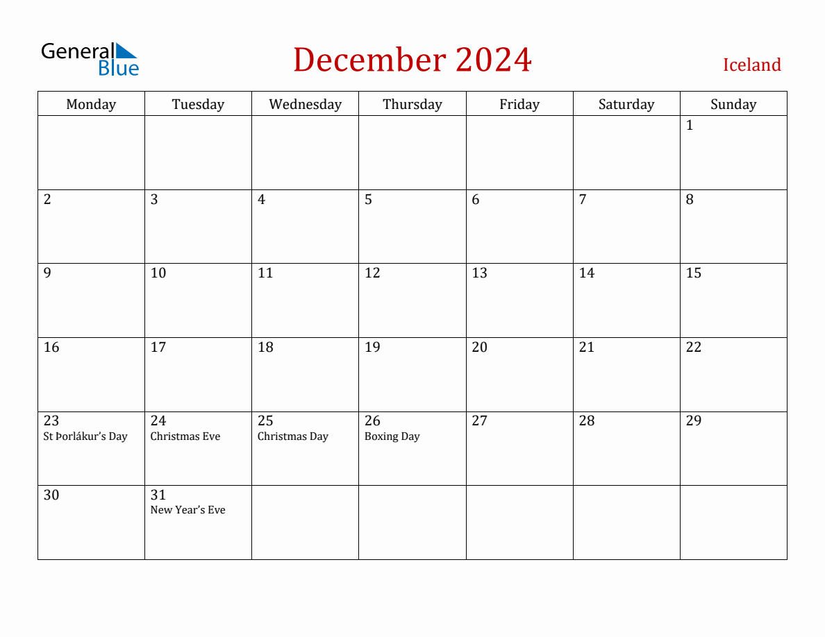 December 2024 Iceland Monthly Calendar with Holidays