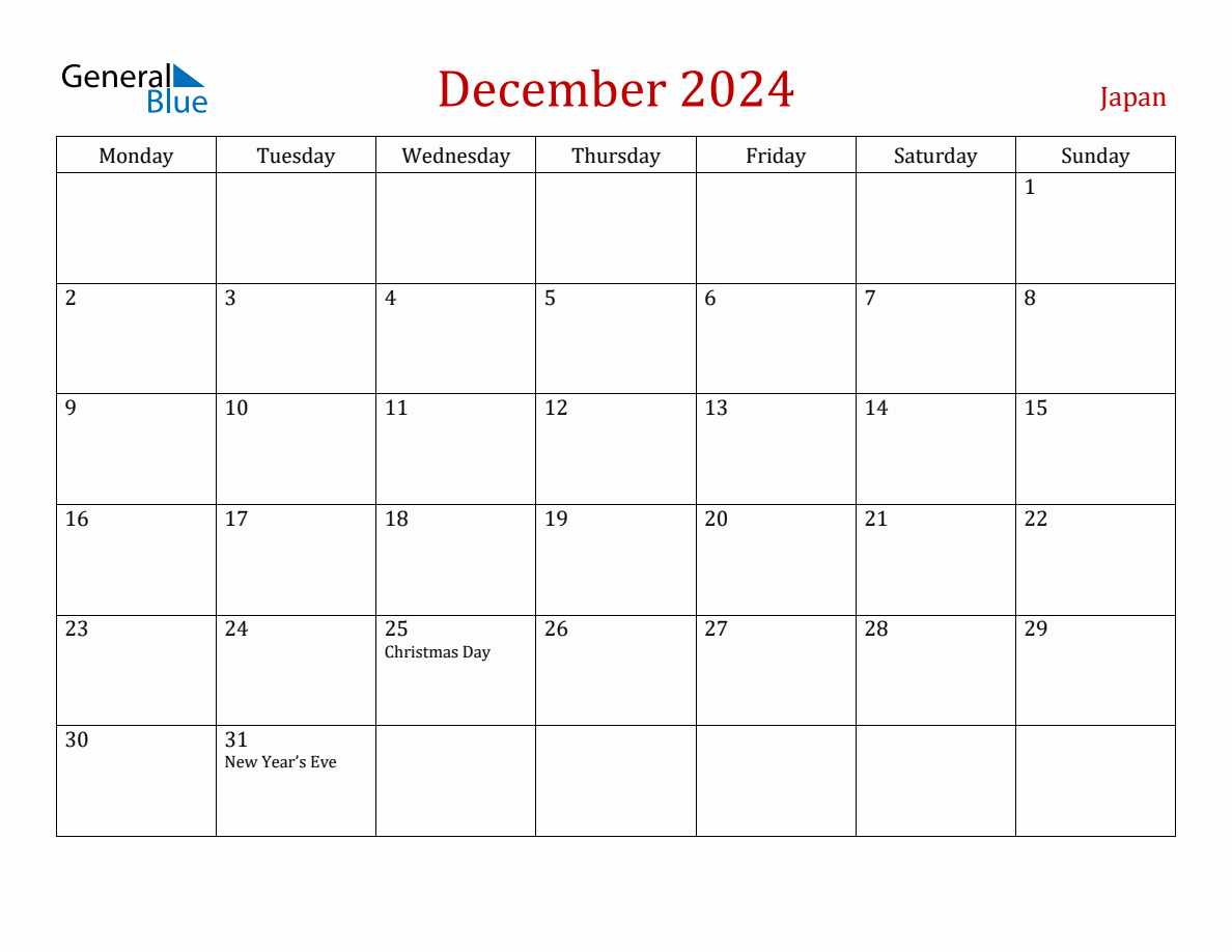 December 2024 Japan Monthly Calendar with Holidays