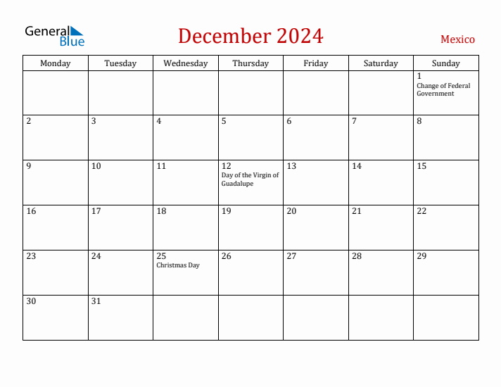 Mexico December 2024 Calendar - Monday Start