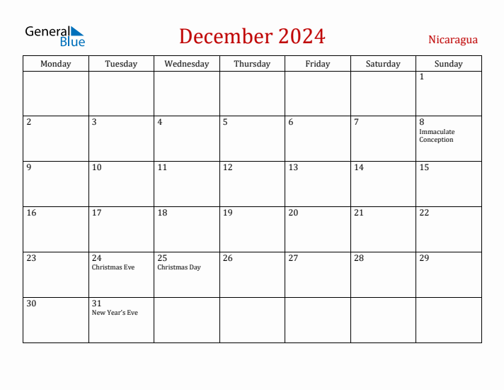 Nicaragua December 2024 Calendar - Monday Start