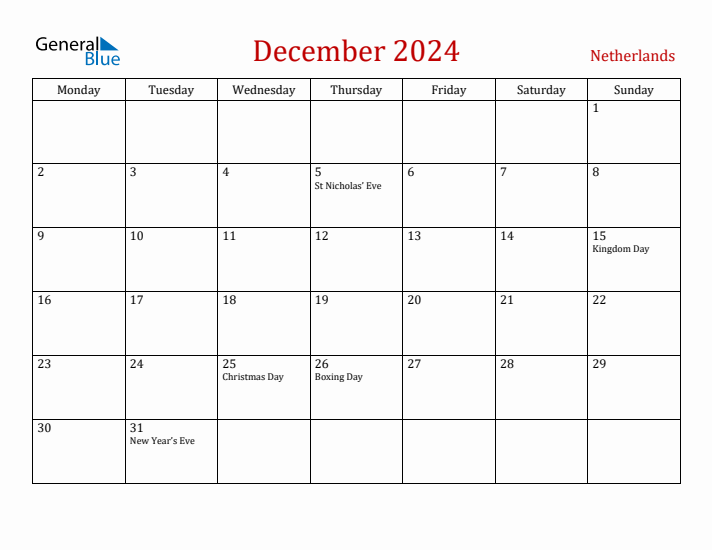 The Netherlands December 2024 Calendar - Monday Start