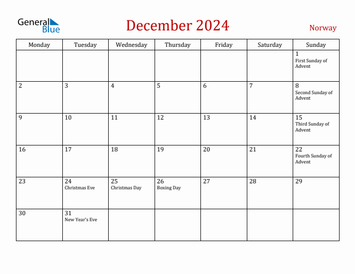 Norway December 2024 Calendar - Monday Start