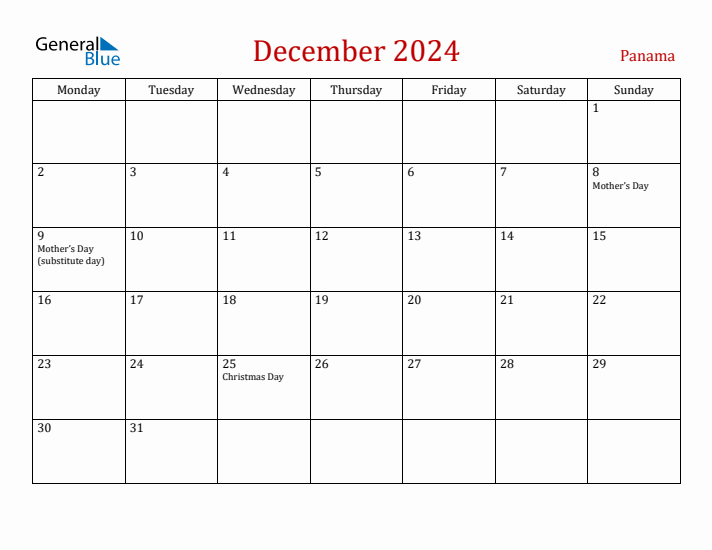 Panama December 2024 Calendar - Monday Start