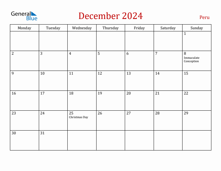 Peru December 2024 Calendar - Monday Start