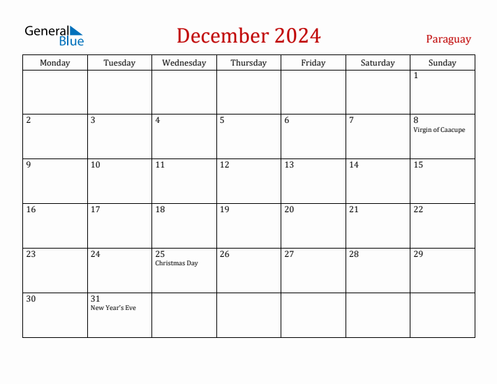Paraguay December 2024 Calendar - Monday Start