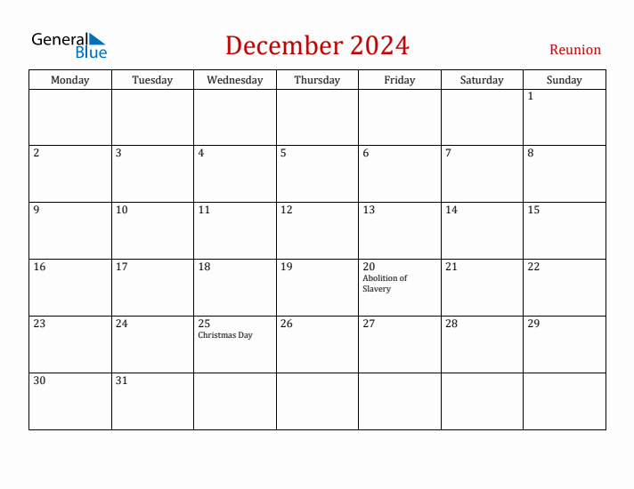 Reunion December 2024 Calendar - Monday Start