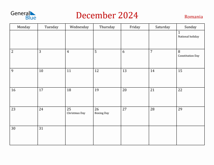 Romania December 2024 Calendar - Monday Start