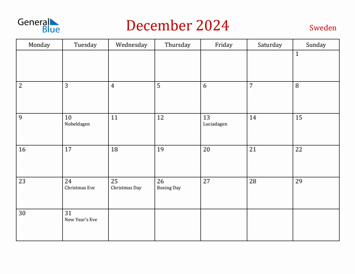 Sweden December 2024 Calendar - Monday Start