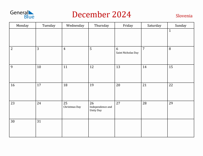 Slovenia December 2024 Calendar - Monday Start