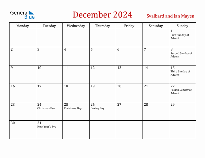 Svalbard and Jan Mayen December 2024 Calendar - Monday Start